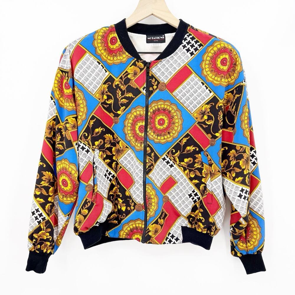 Notations Petite M Baroque Bomber Jacket Zip Front Multicolor Y2k Vibe Retro 90s